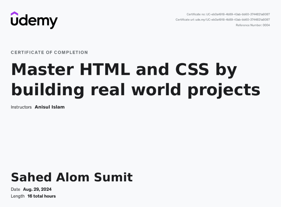 Master Html And Css By Building Real World Projetcs Certificate Udemy Sahedalomsumit